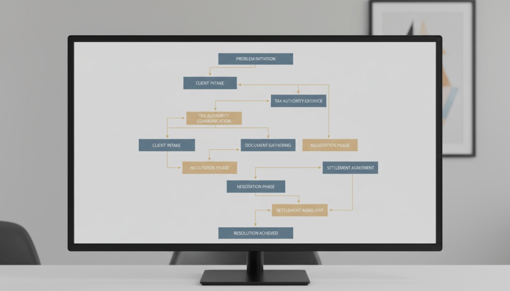A close-up of a digitally-rendered tax resolution flowchart, displayed on a widescreen monitor with minimalist black bezels. The flowchart itself is composed of neatly color-coded boxes in slate blue and soft tan, connected by subtle golden lines. In the background, a faintly visible, clutter-free office wall in soft gray provides a professional setting. Cool, even artificial lighting highlights the clarity of the screen content and eliminates any harsh reflections. Framed centrally, the sharpness is carried throughout the image, reinforcing a sense of structure, strategy, and modern corporate workflow in resolving complex tax issues with efficiency and organization.