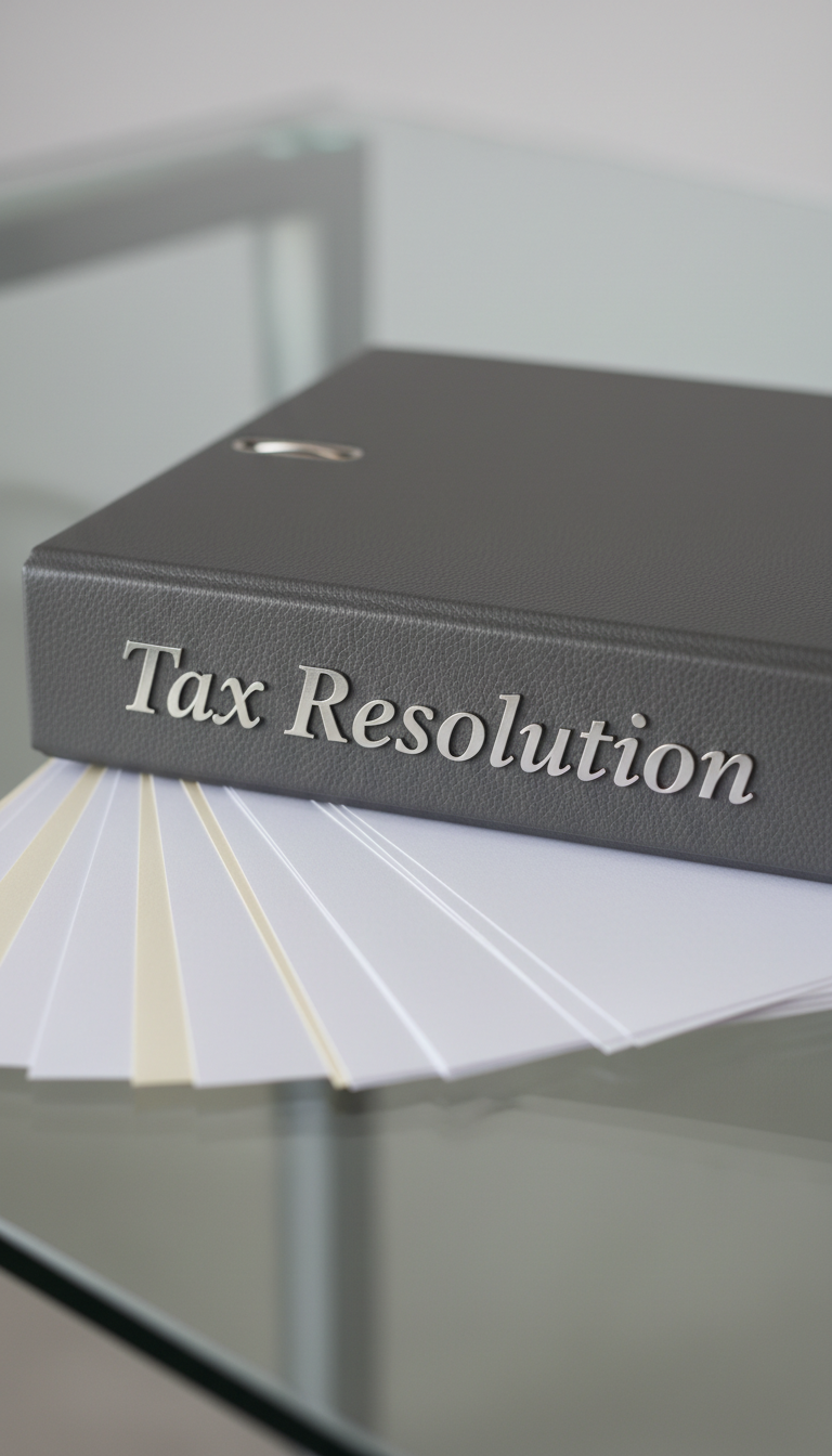 A refined, close-up image of an elegant charcoal-gray binder with a subtle leather texture, labeled "Tax Resolution" in brushed aluminum script. The binder rests on a flawless, glass-topped desk with organized, pristine paperwork fanned outward, their edges perfectly aligned. Soft, diffused studio lighting creates a balanced, neutral tone throughout, with gentle highlights emphasizing the binder's material quality. The mood is serene and ultra-professional. The camera utilizes a shallow depth of field, keeping the binder sharply in focus, with faintly blurred document edges for a crisp, structured, and modern photographic style. The image radiates expertise and reliability in tax resolution services.