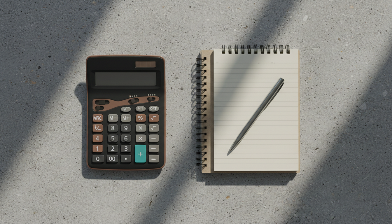A flat lay of an organized workspace featuring a high-end calculator with a matte black finish and bronze detailing, displayed next to a stack of lined notepads and a sleek silver pen, all positioned atop a textured concrete desktop. Subtle overhead natural light spills across the scene, casting soft but defined lines and shadows, enhancing the clarity of each object. The composition follows the rule of thirds to produce a balanced, visually pleasing arrangement, evoking a mood of clarity, diligence, and methodical problem-solving. The scene embodies clean lines, structured layout, and photographic realism, supporting the theme of sophisticated tax problem solving.